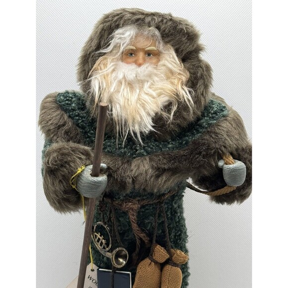 Woodland Santa Figure Green Coat Basket Of Toys and Beard Earthy Rustic Decor - Picture 2 of 12